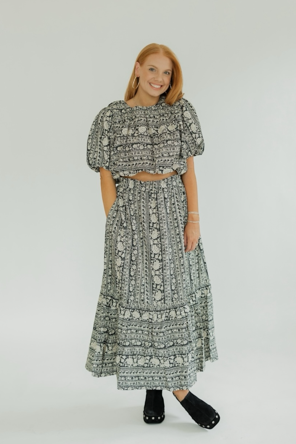 Melinda Black Floral Midi Skirt