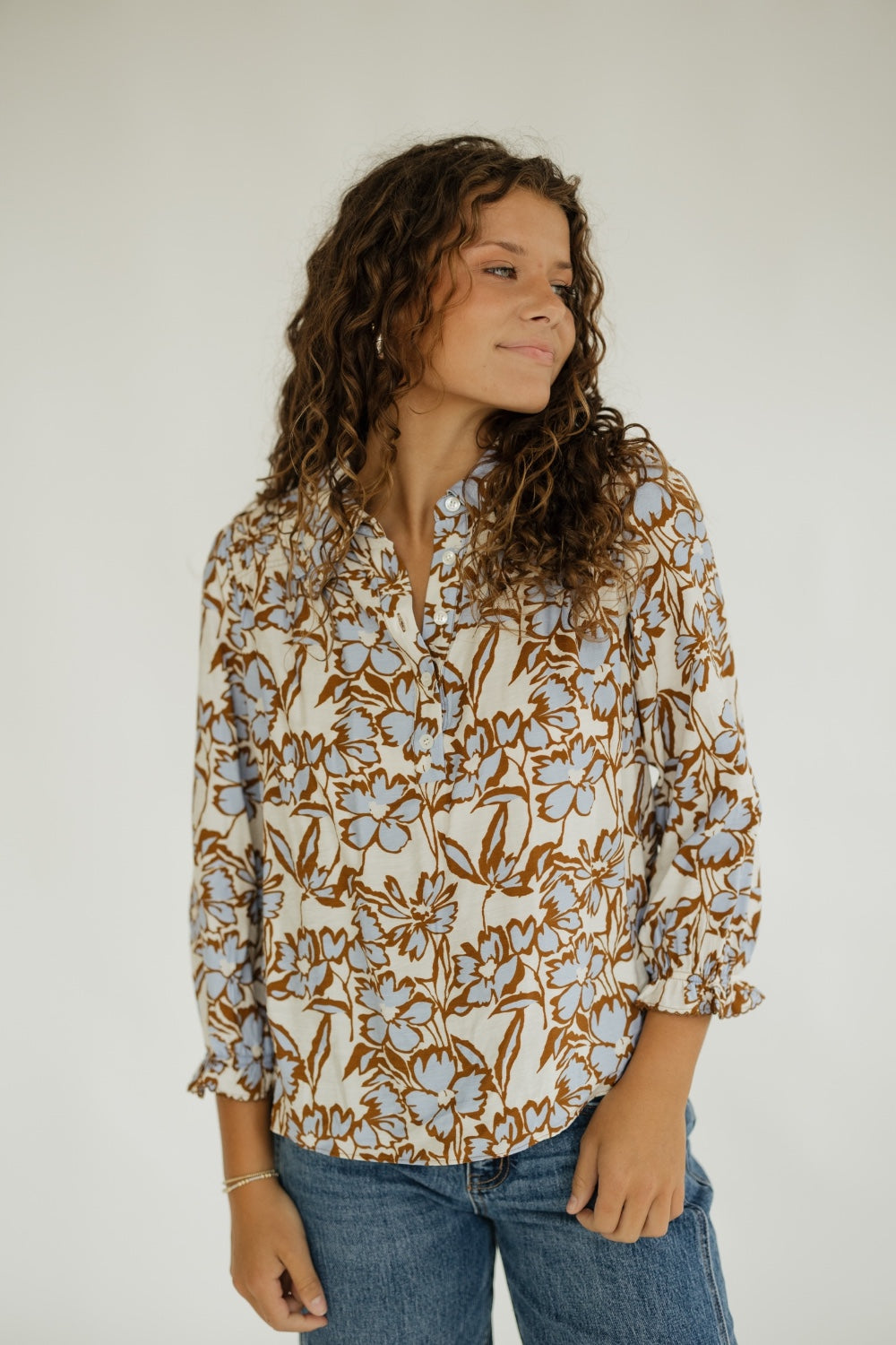 Bailey Blue/Brown Floral Ruffle Collar Top
