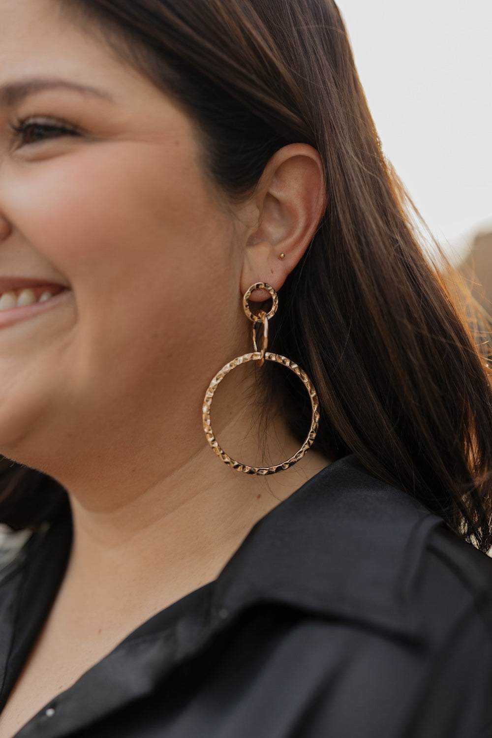 Gold Textured 3 Circle Drop Earrings