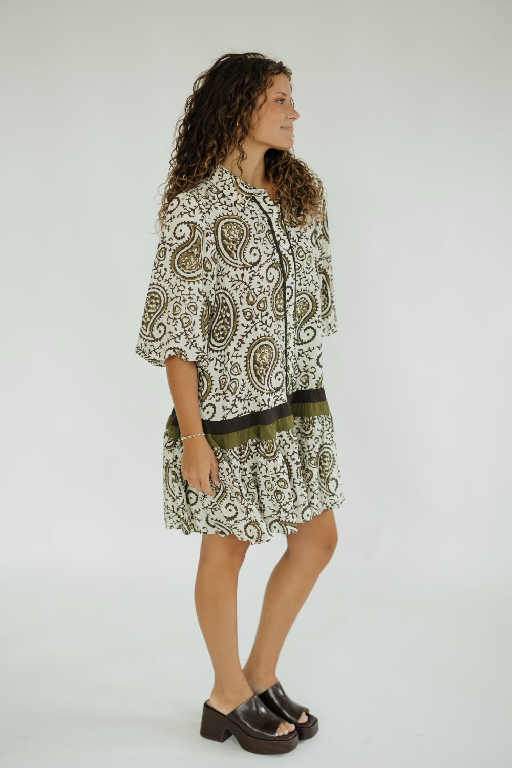 Olive Paisley Print Mini Dress (S-2XL)