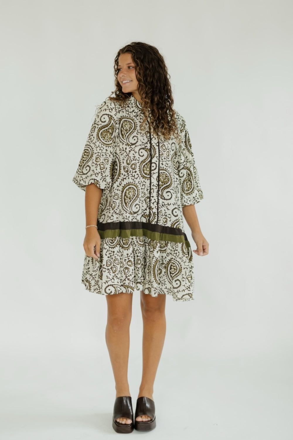 Olive Paisley Print Mini Dress (S-2XL)