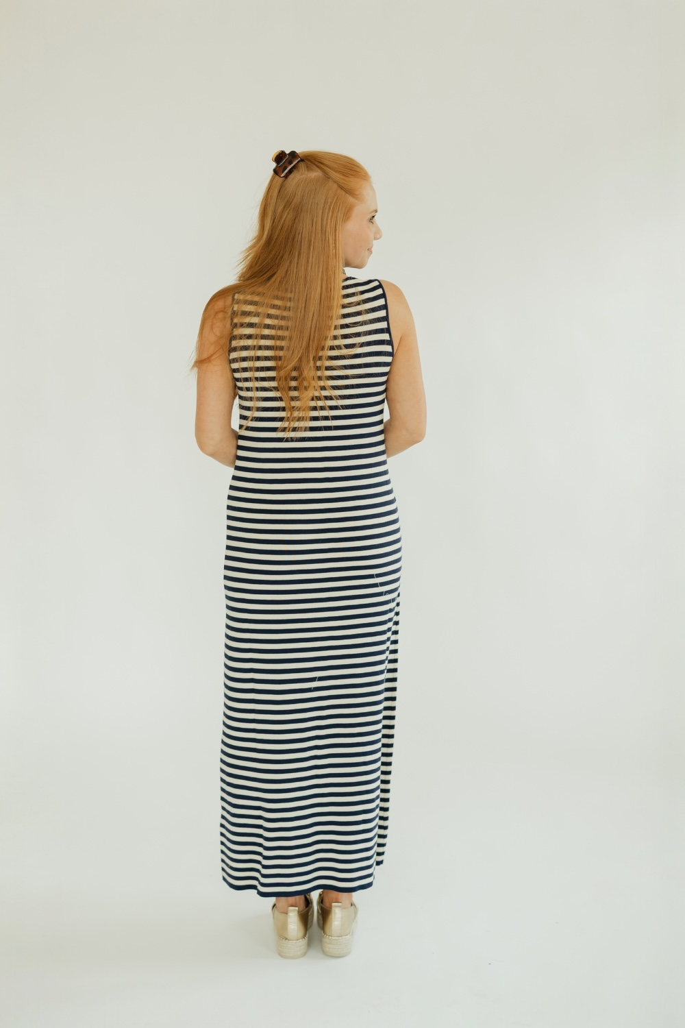 Navy Striped Knit Sleeveless Midi Dress (XS-XL)