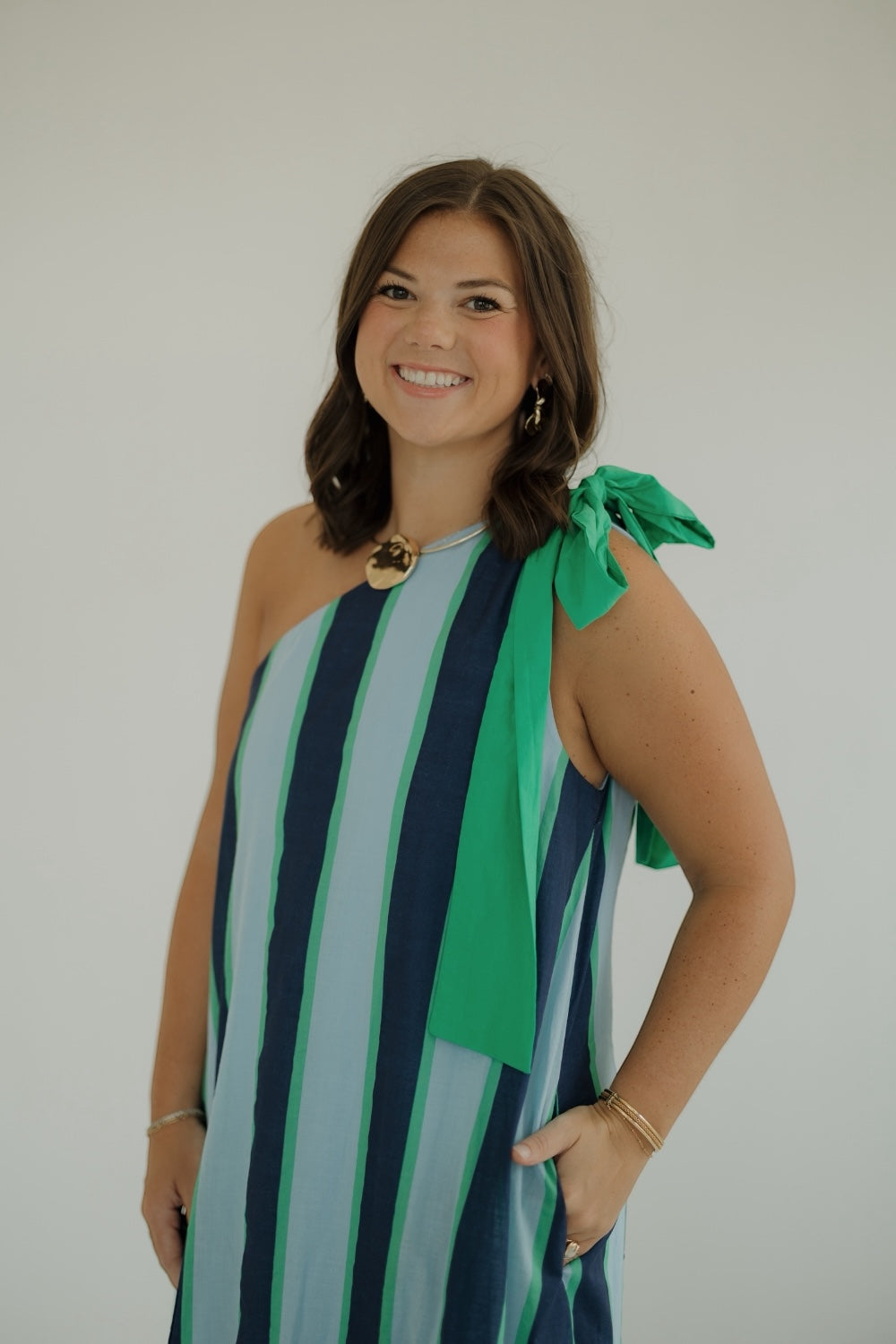 Savvy Striped One Shoulder Midi Dress