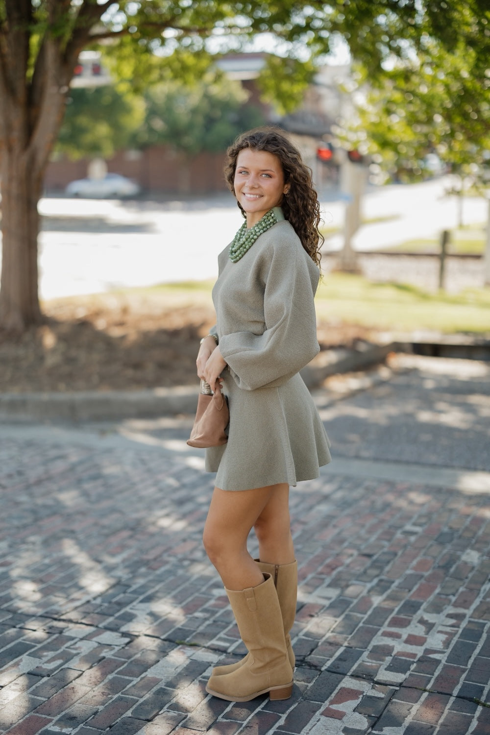 Bev Olive Ballon Sleeve Sweater Dress