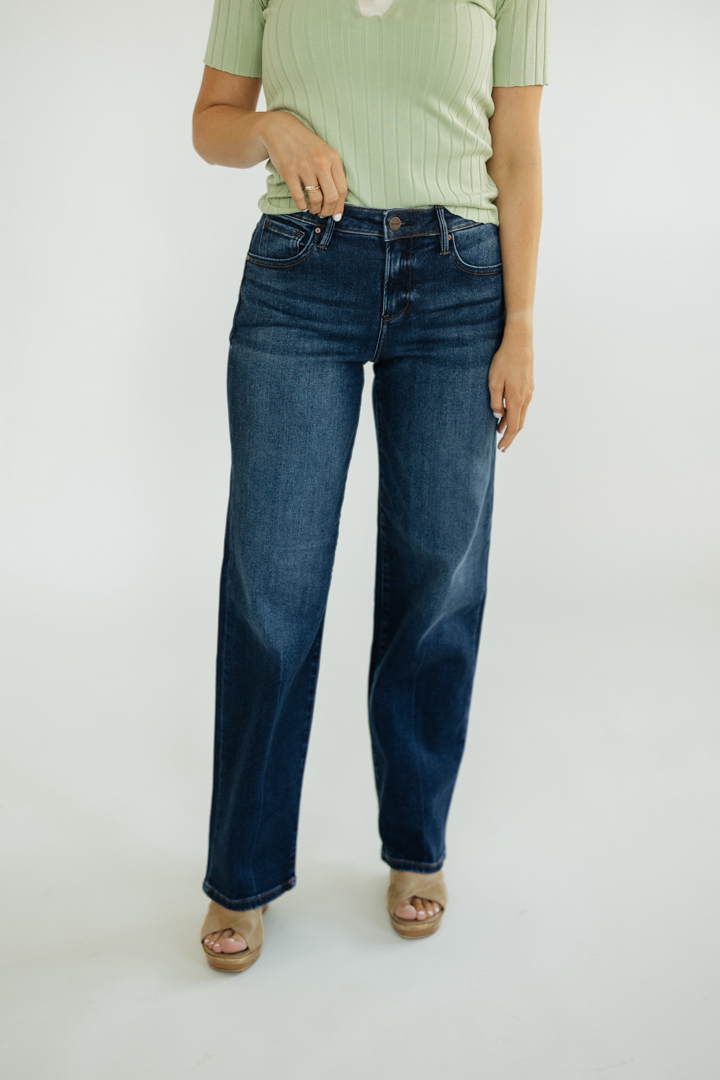 Dark Wash Mid Rise Wide Baggy Jean by Risen