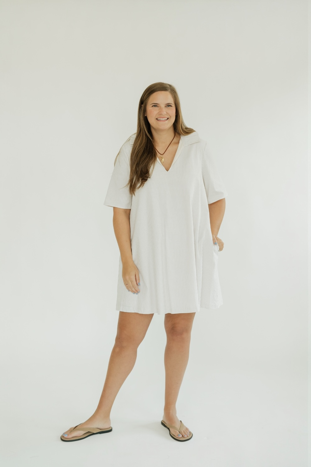 Olivia Sand Seersucker A-Line Dress (S-3XL) Studio 3:19 Olivia Sand Seersucker A-Line Dress (S-3XL) Studio 3:19