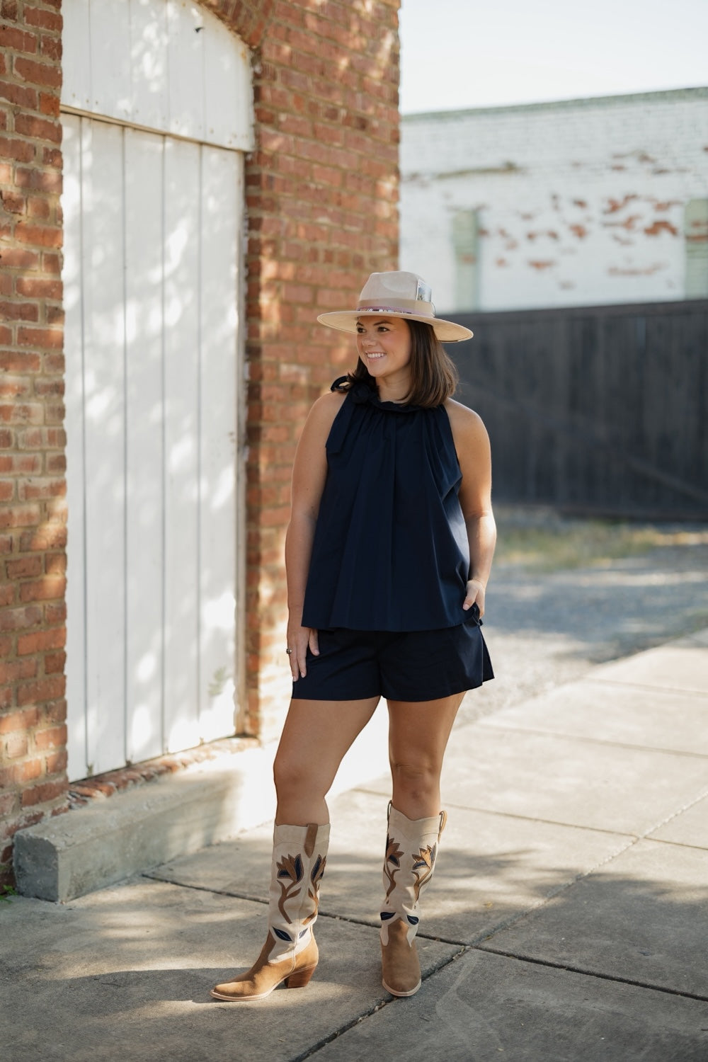 Cassie Navy Poplin Elastic Waist Shorts (S-3XL)