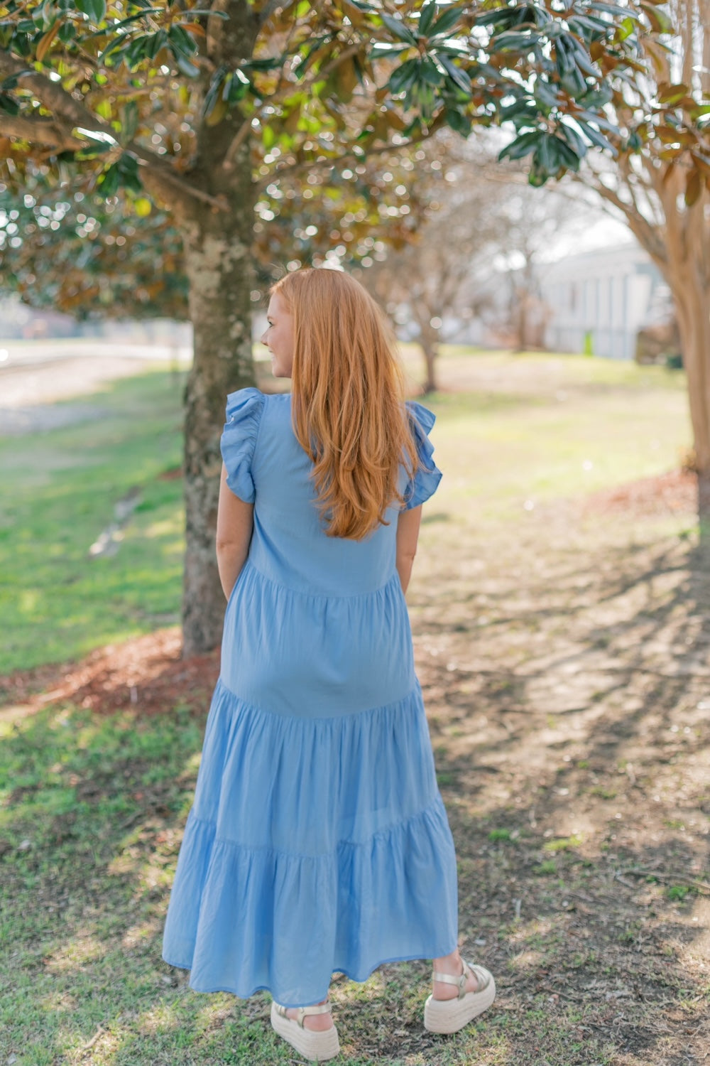 Periwinkle Flutter Sleeve Tiered Midi Dress
