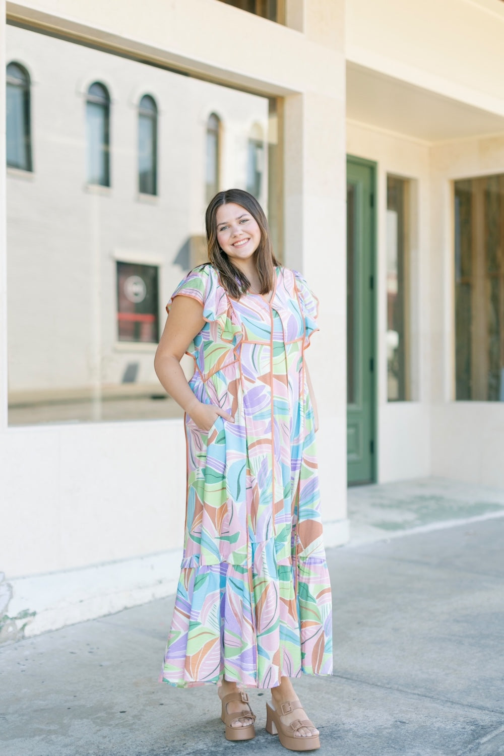 Maggie Multi Print Flutter Sleeve Midi Dress