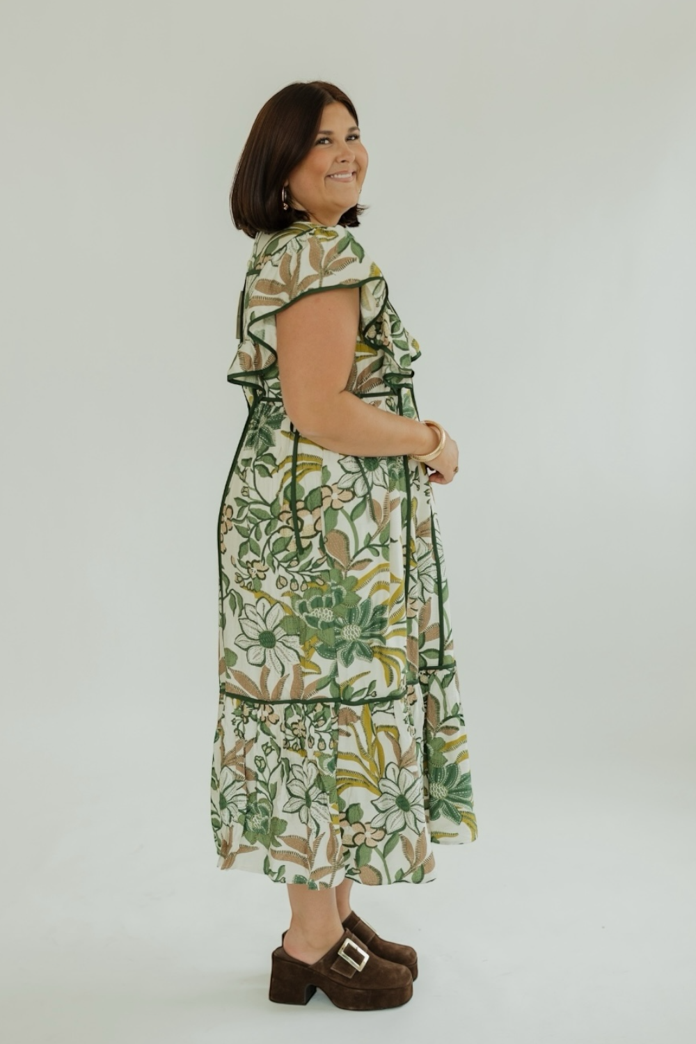 Elaine Olive Floral Flutter Sleeve Midi Dress