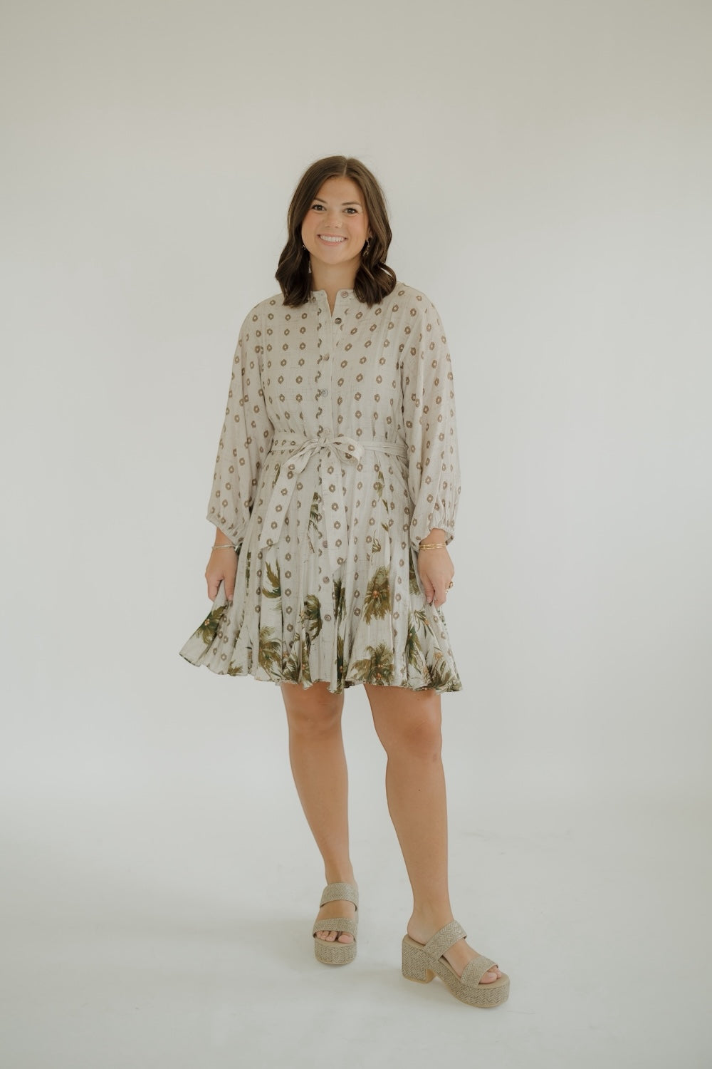 Palm Pattern 3/4 Sleeve Dress