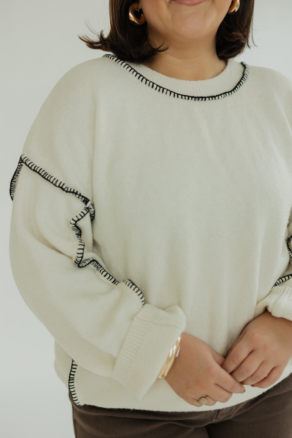 Tiffany Contrast Stitch Cream Sweater (S-3XL)