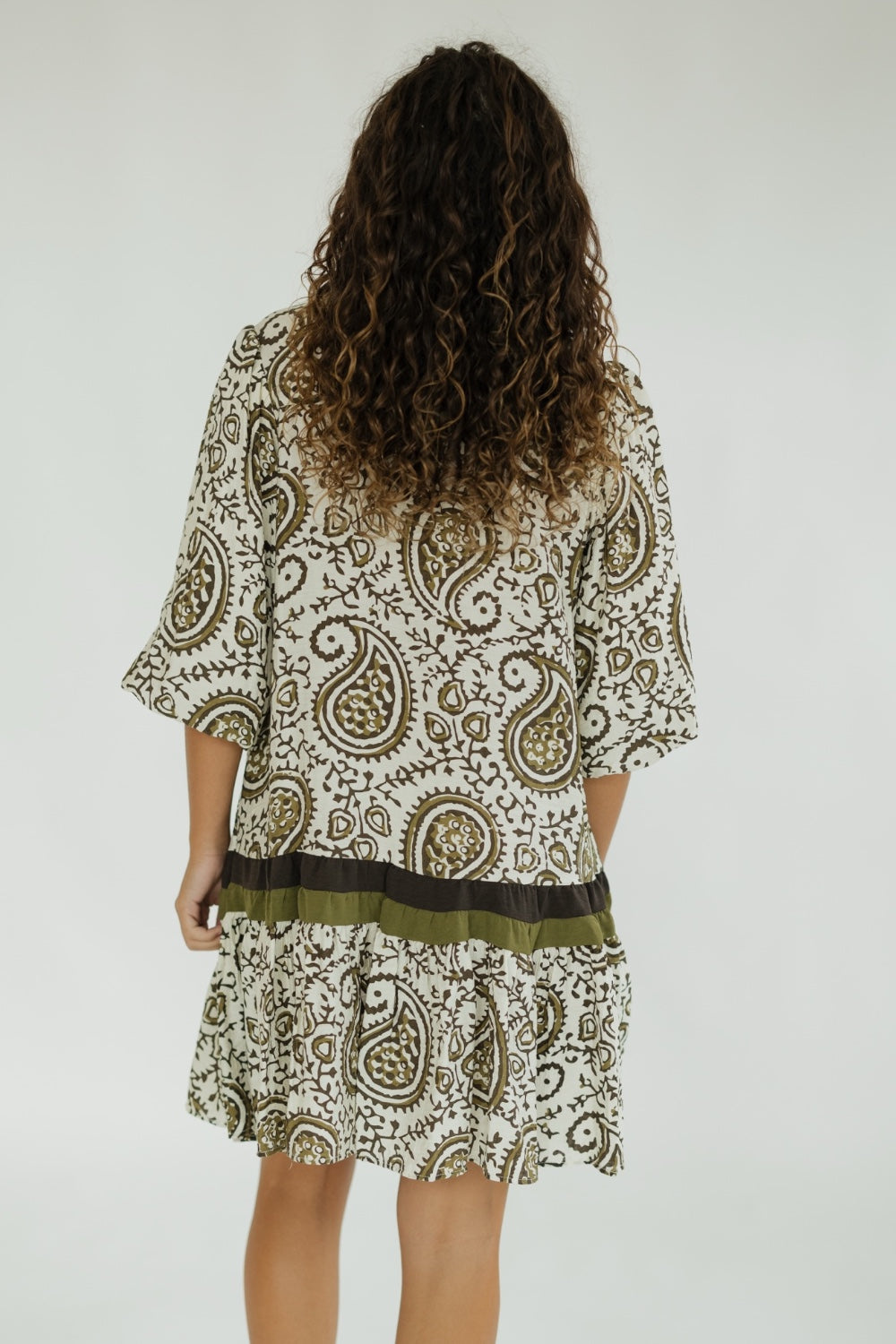 Olive Paisley Print Mini Dress (S-2XL)
