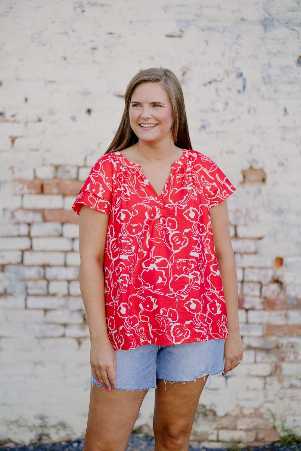 Rachel Red Floral Flutter Sleeve Top (XS-3XL)