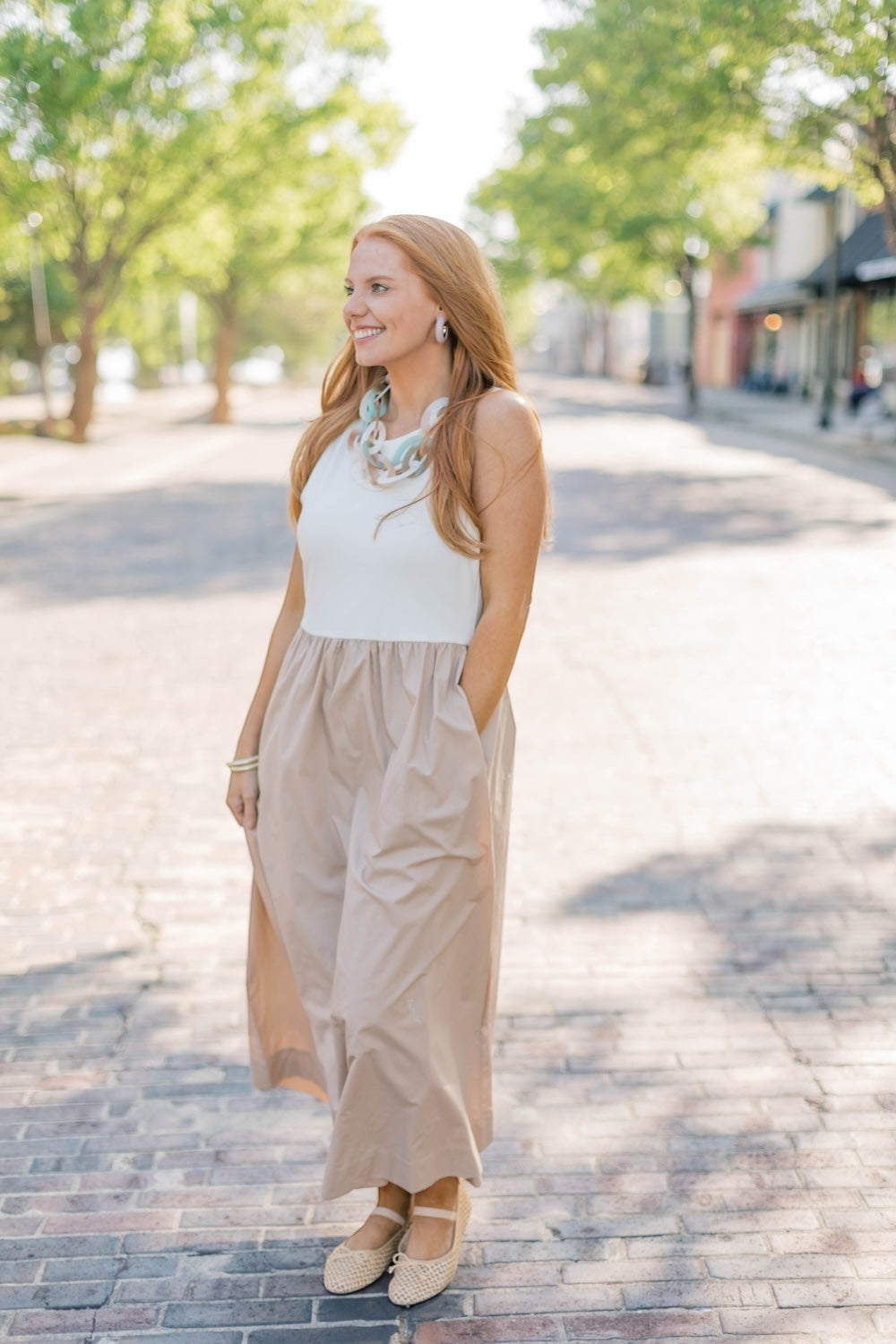 Tonya Taupe & White Tank Midi Dress