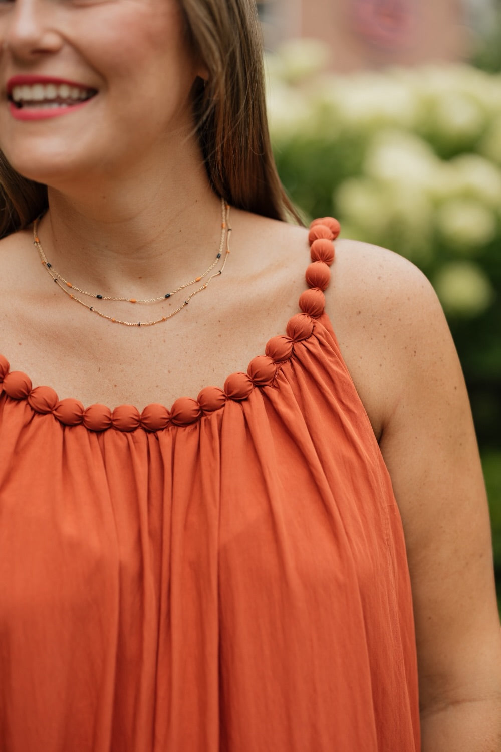 Rust Ball Trim Neckline Midi Dress