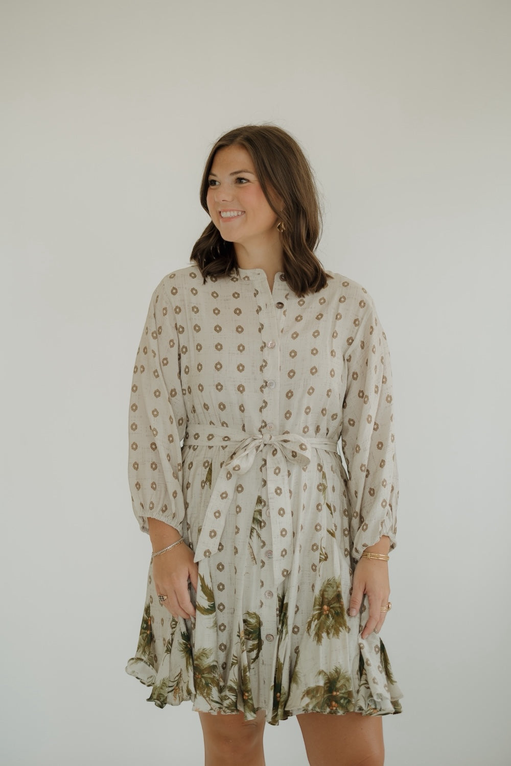 Palm Pattern 3/4 Sleeve Dress