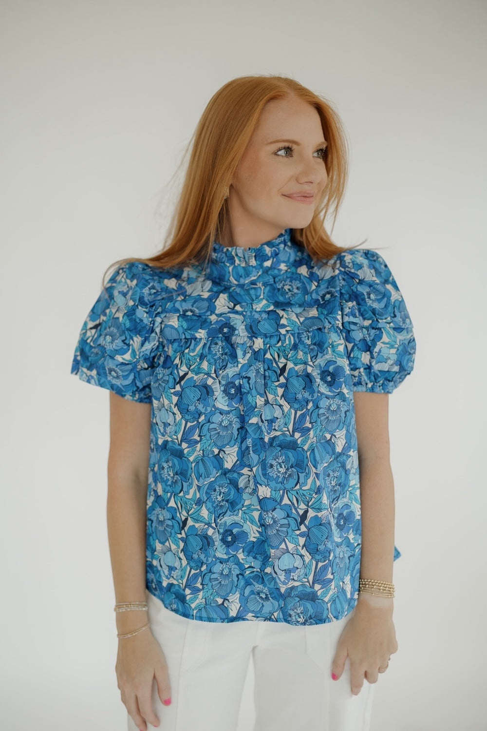 Brody Blue Peonies Short Sleeve Top