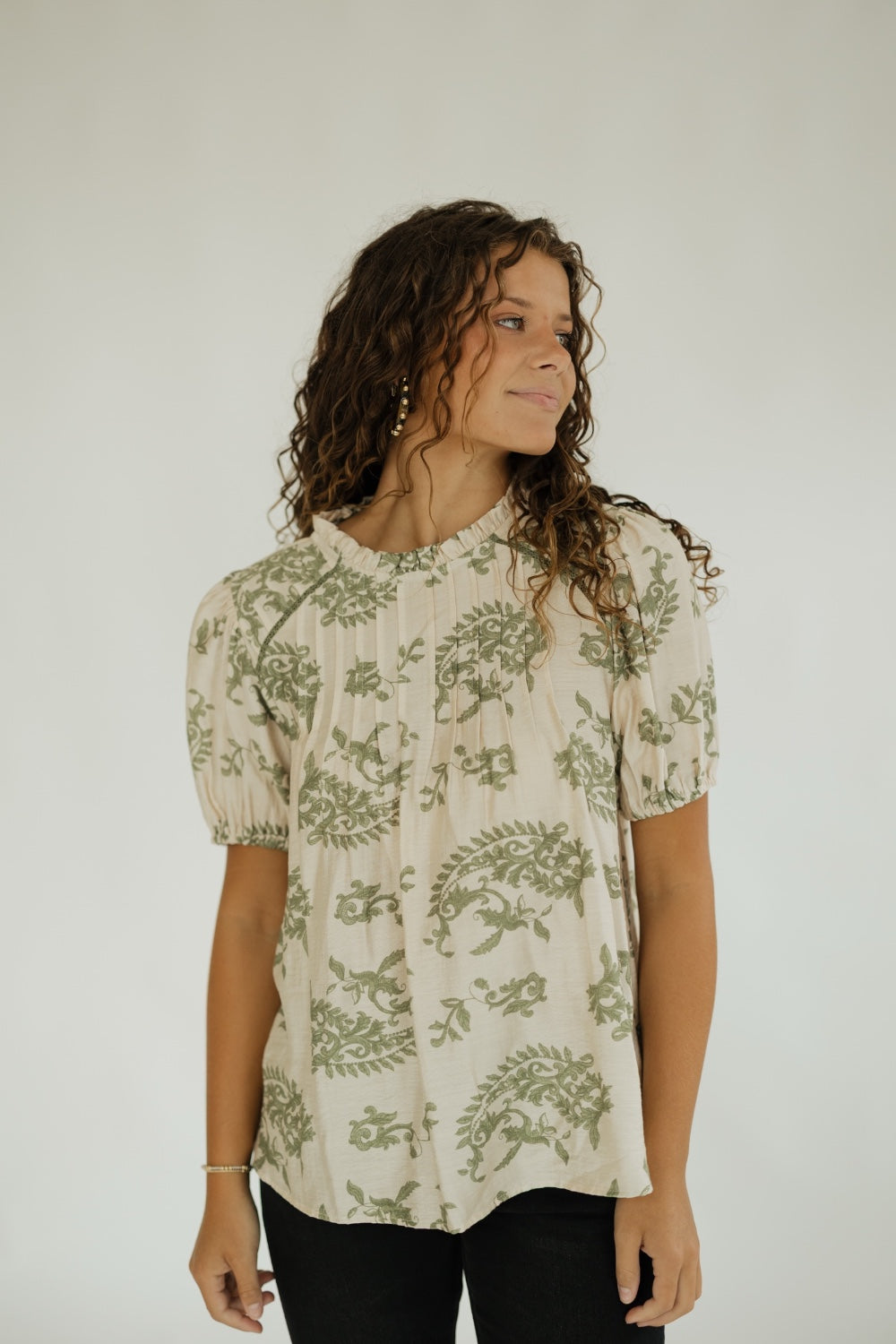 Nancy Olive Print Ruffle Neck Top (S-2XL)