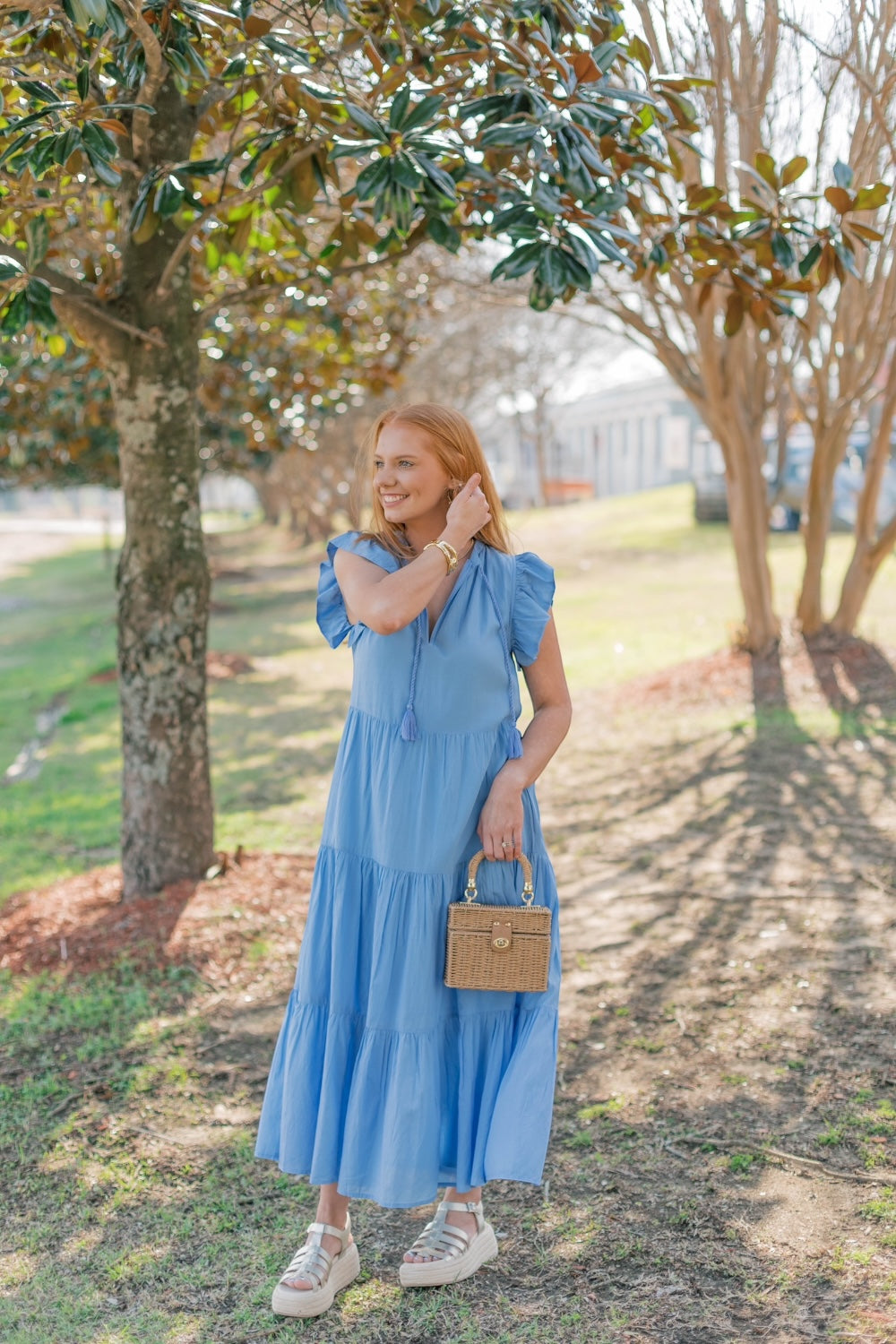 Periwinkle Flutter Sleeve Tiered Midi Dress