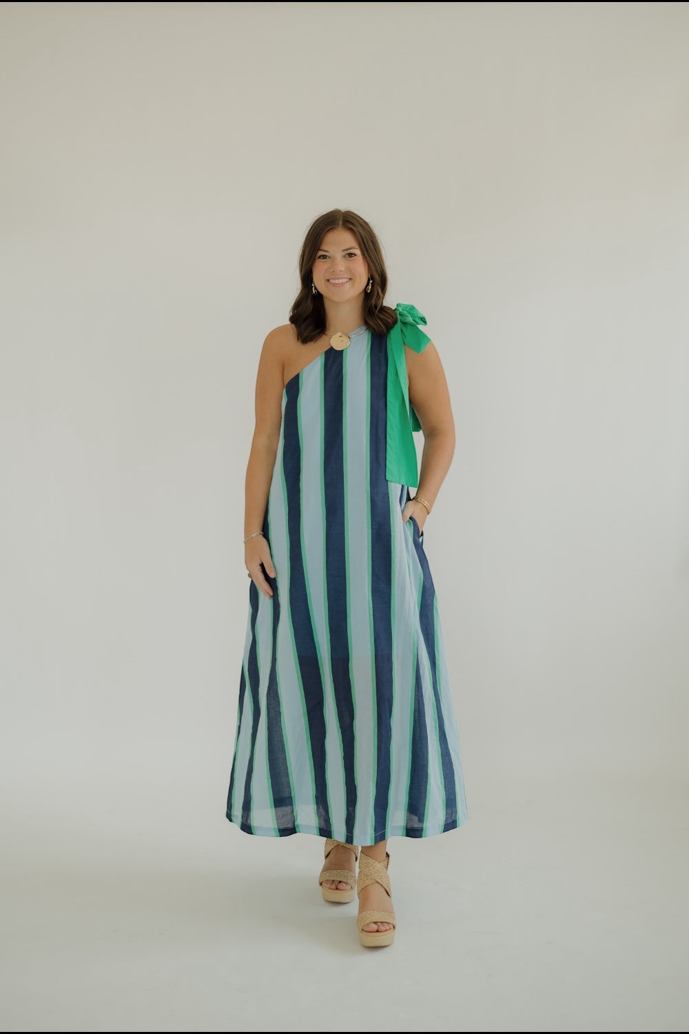 Savvy Striped One Shoulder Midi Dress