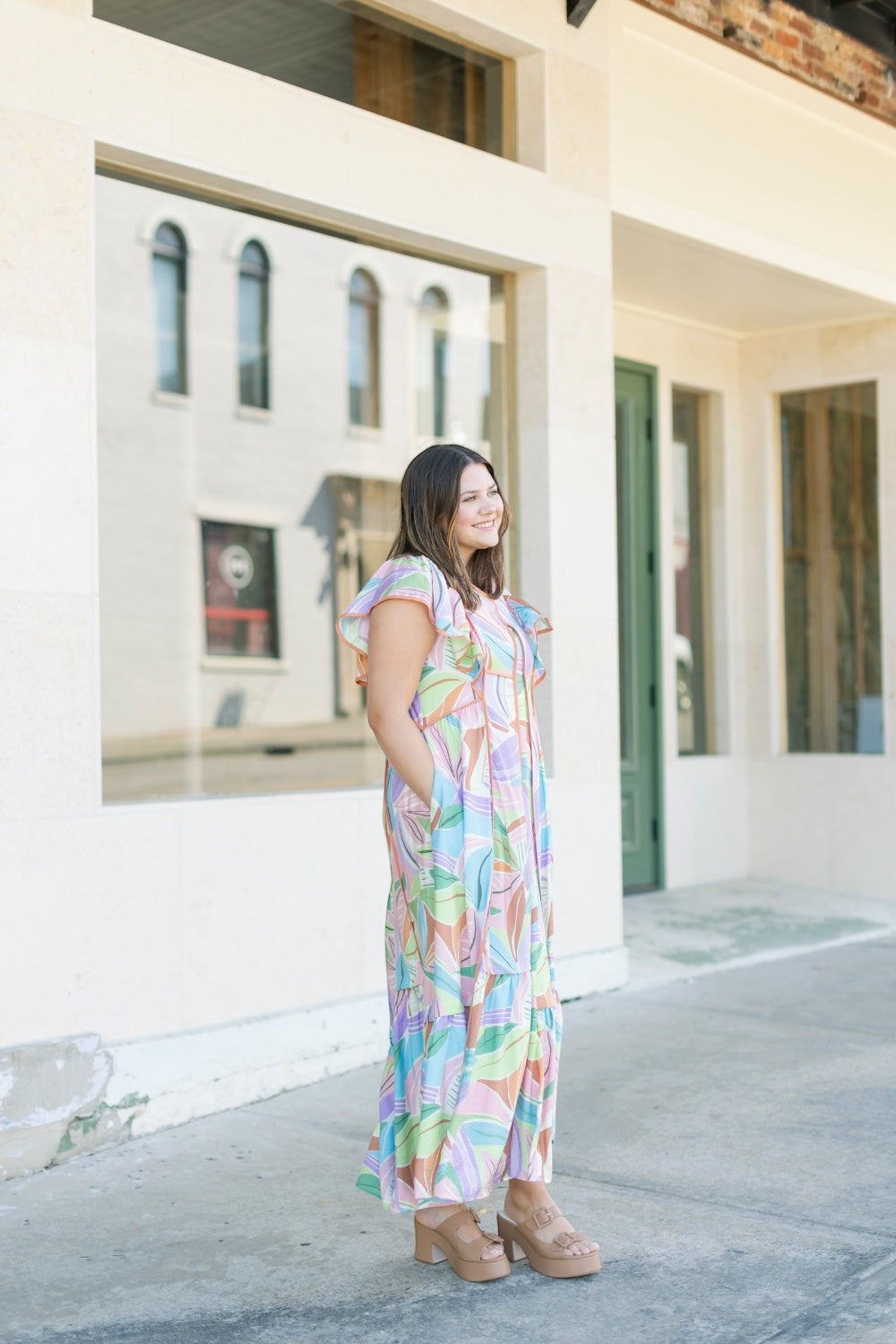 Maggie Multi Print Flutter Sleeve Midi Dress