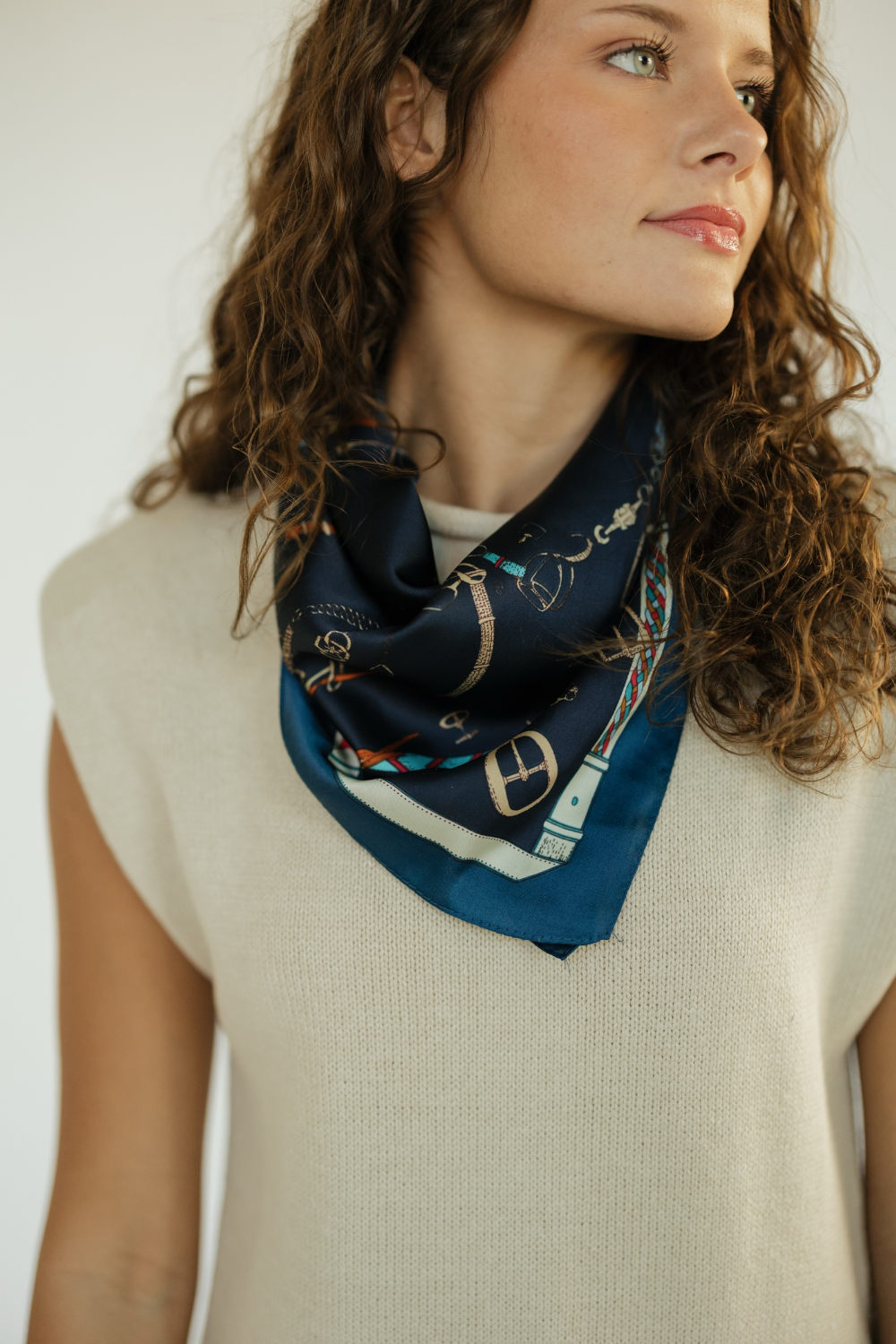 Navy Chain Belt Print Silky Bandana