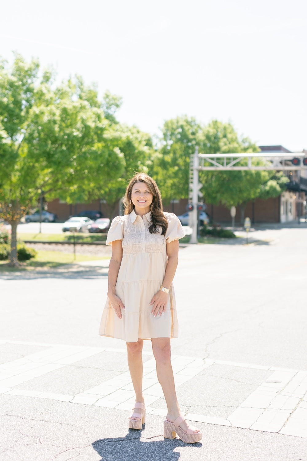 Dinna Taupe Smocked Button Down Dress (S-2XL)
