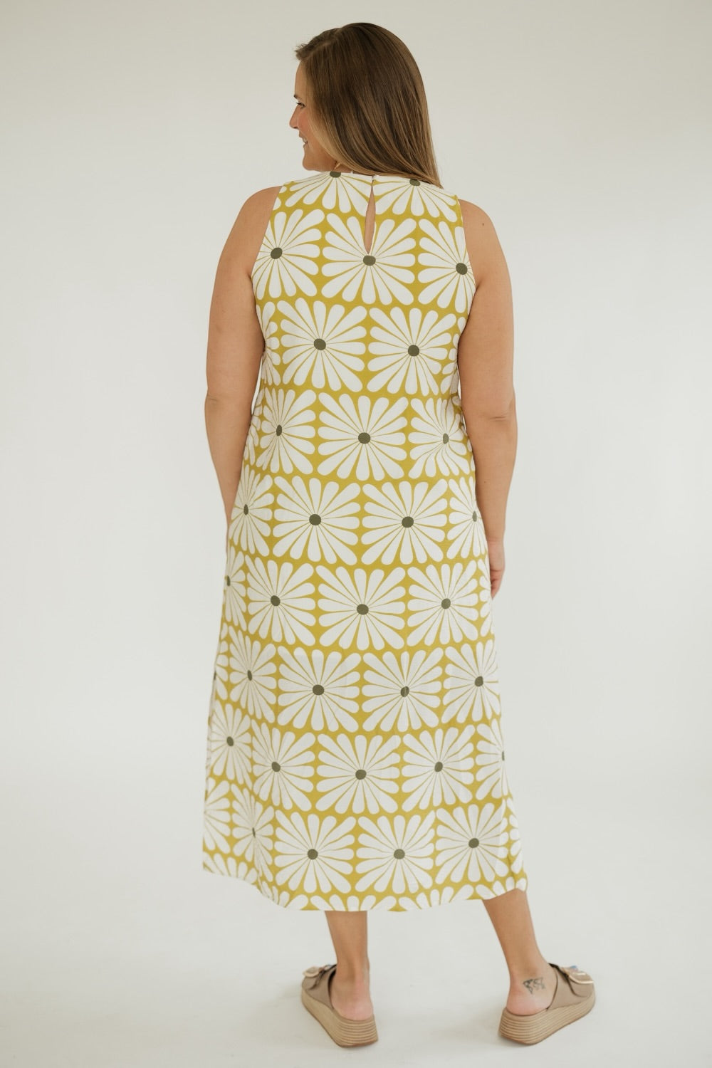 Chartreuse Flower Print Midi Dress