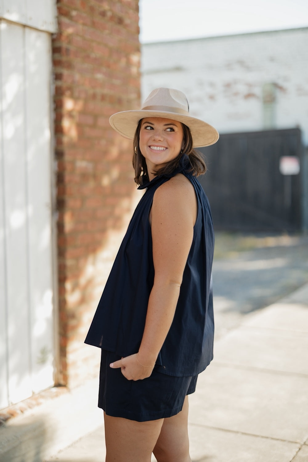 Cassie Navy Poplin Elastic Waist Shorts (S-3XL)