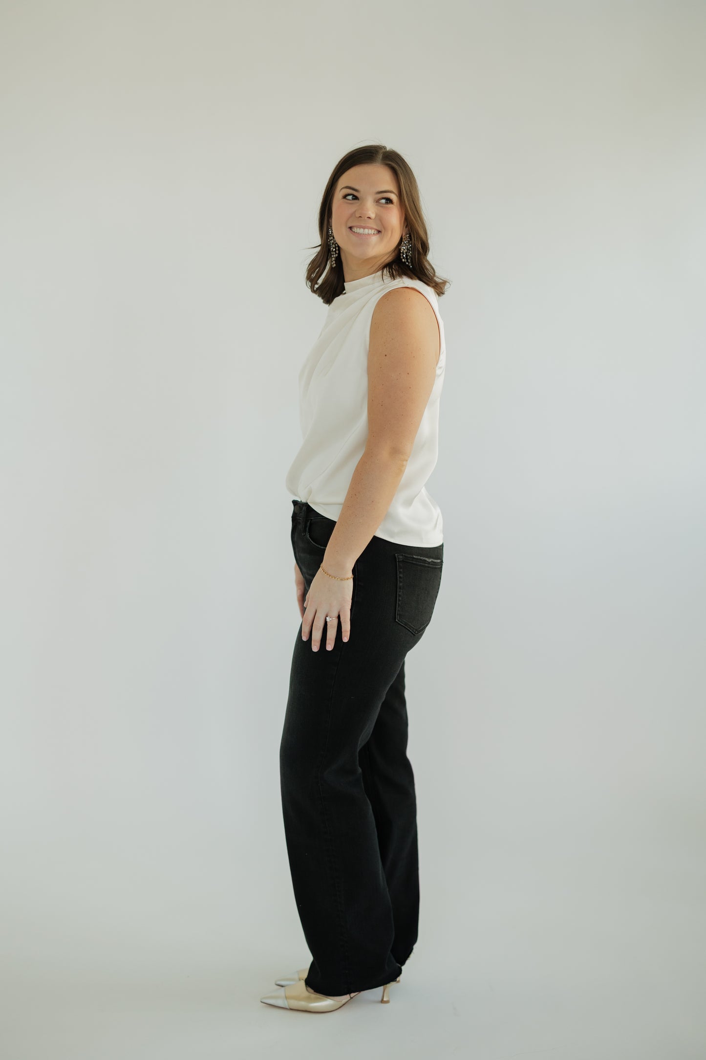 Angie Ivory Pleats Front Sleeveless Top