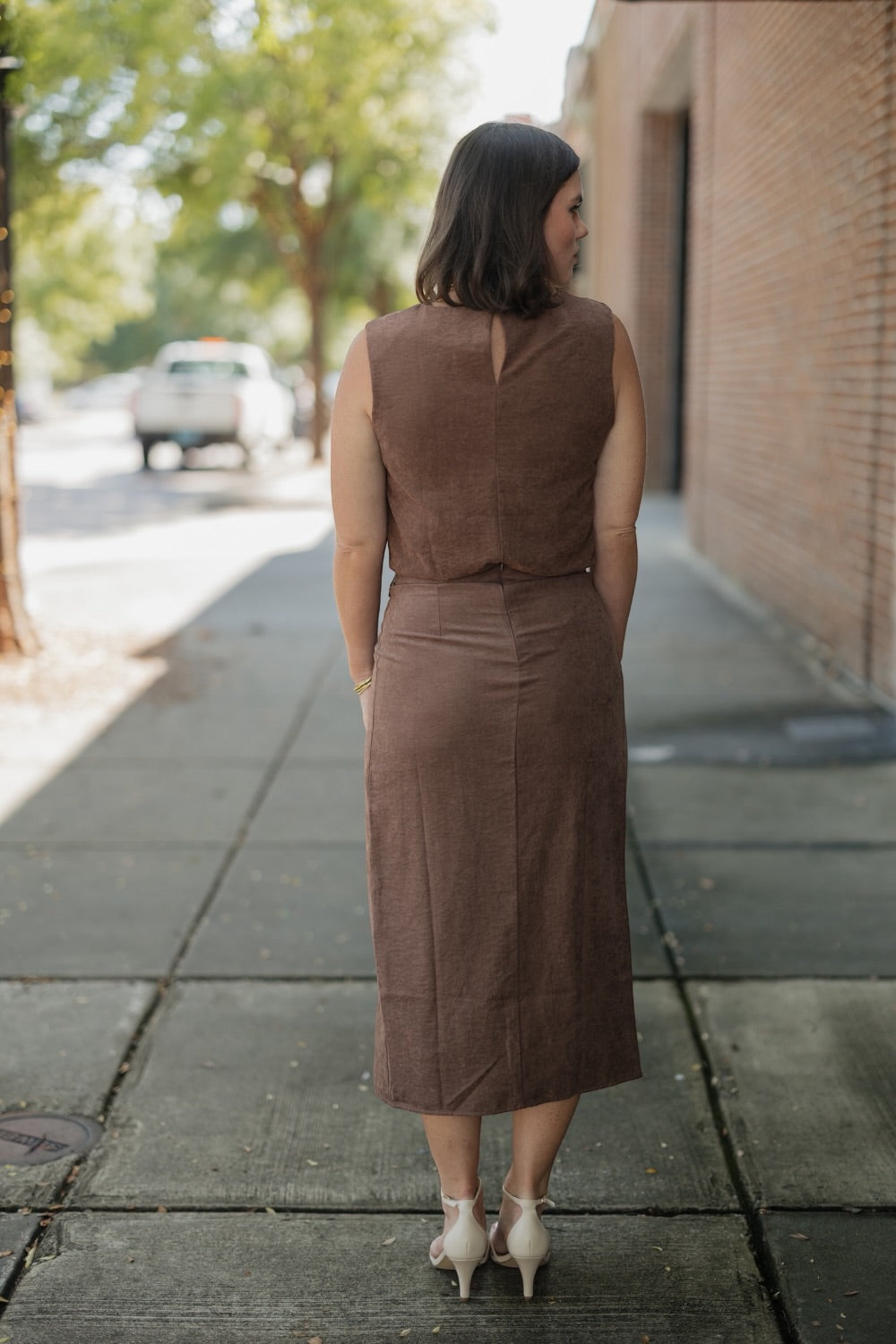 Brown Suede Wrap Midi Skirt