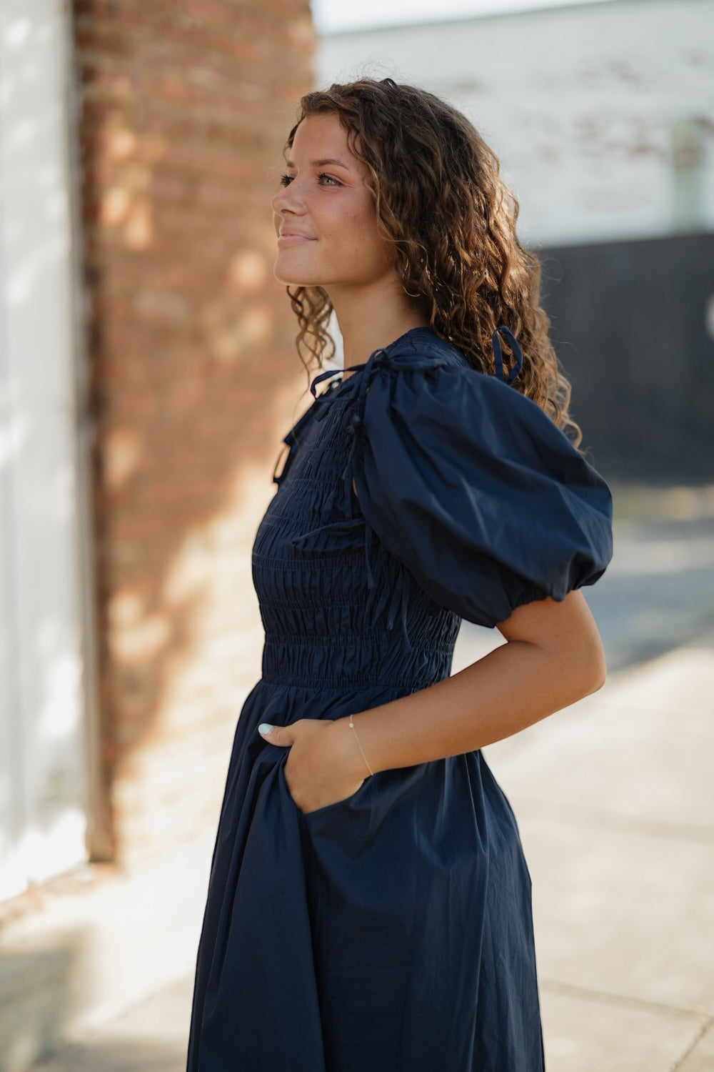 Dianne Navy Detachable Puff Sleeve Midi Dress