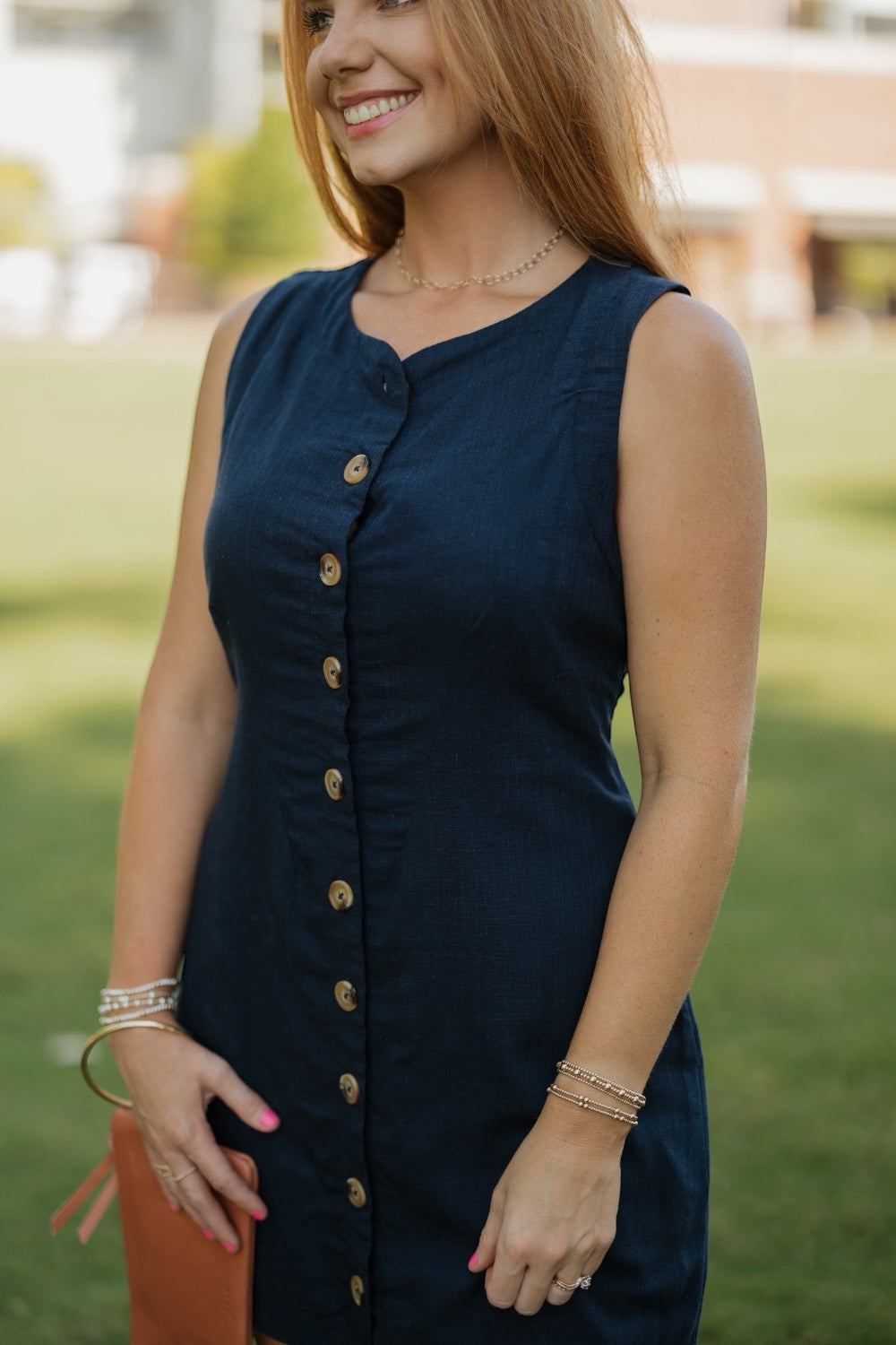 Bellie Navy Button Front Linen Dress
