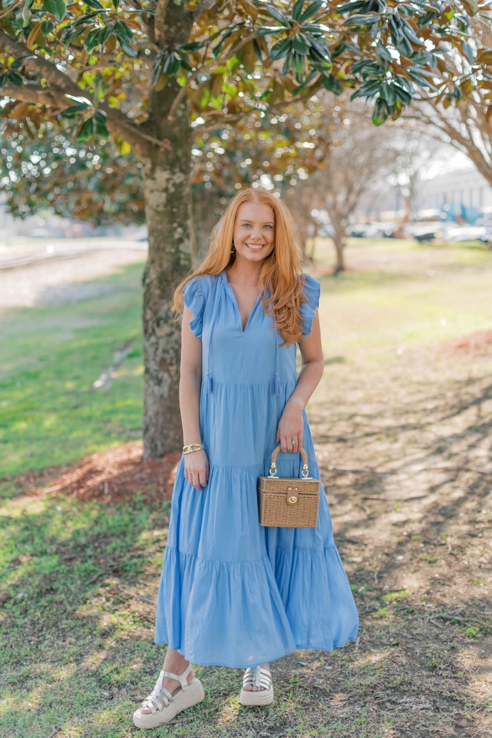 Periwinkle Flutter Sleeve Tiered Midi Dress