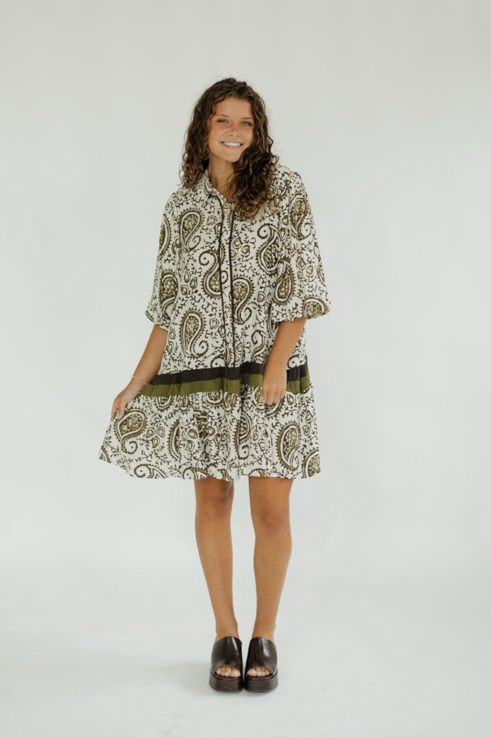 Olive Paisley Print Mini Dress (S-2XL)