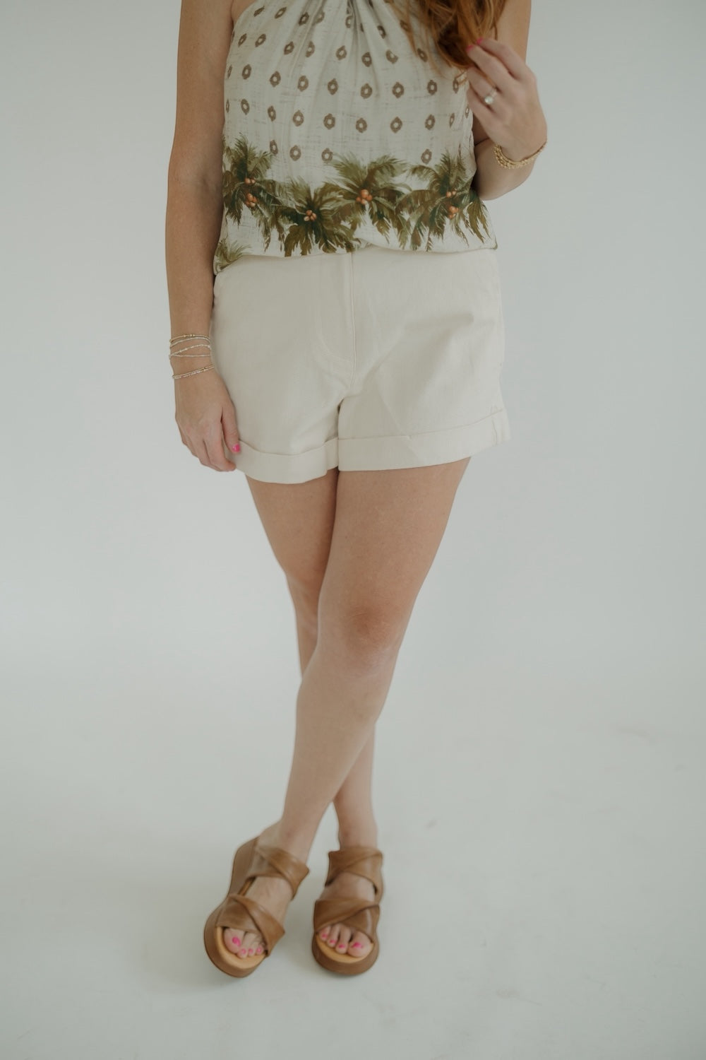 Cream Twill Denim Cuff Shorts