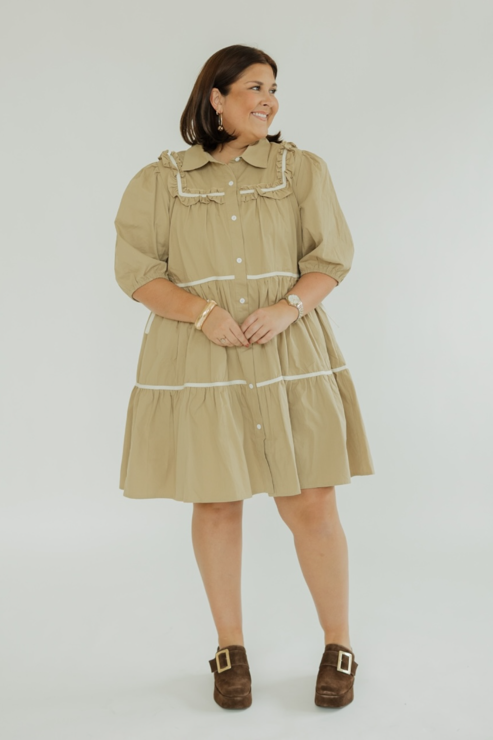 Khaki Ruffled Button Down Mini Dress (S-3XL)