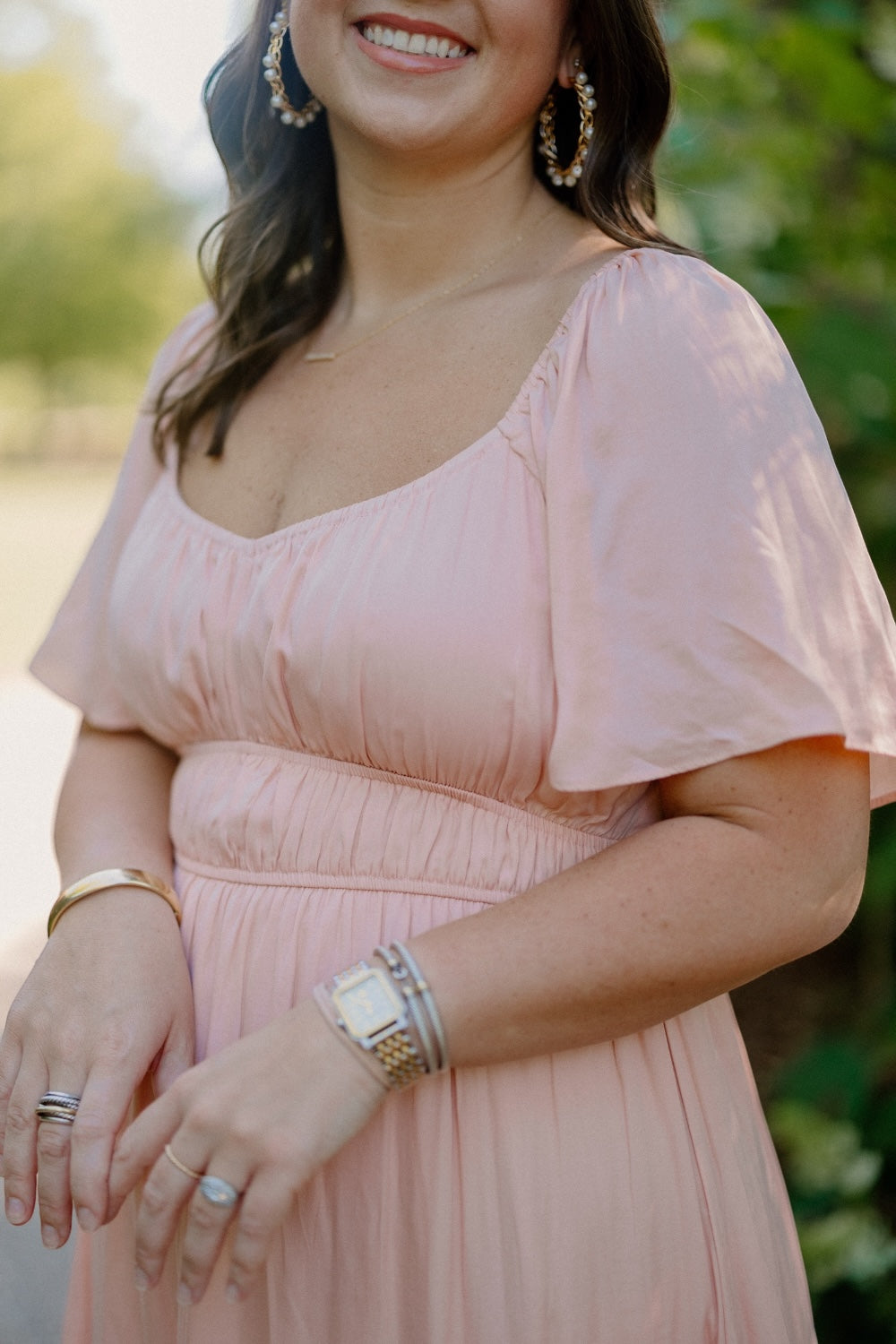 Princess Neckline Flutter Sleeve Midi Dress in Peach (S-3XL)