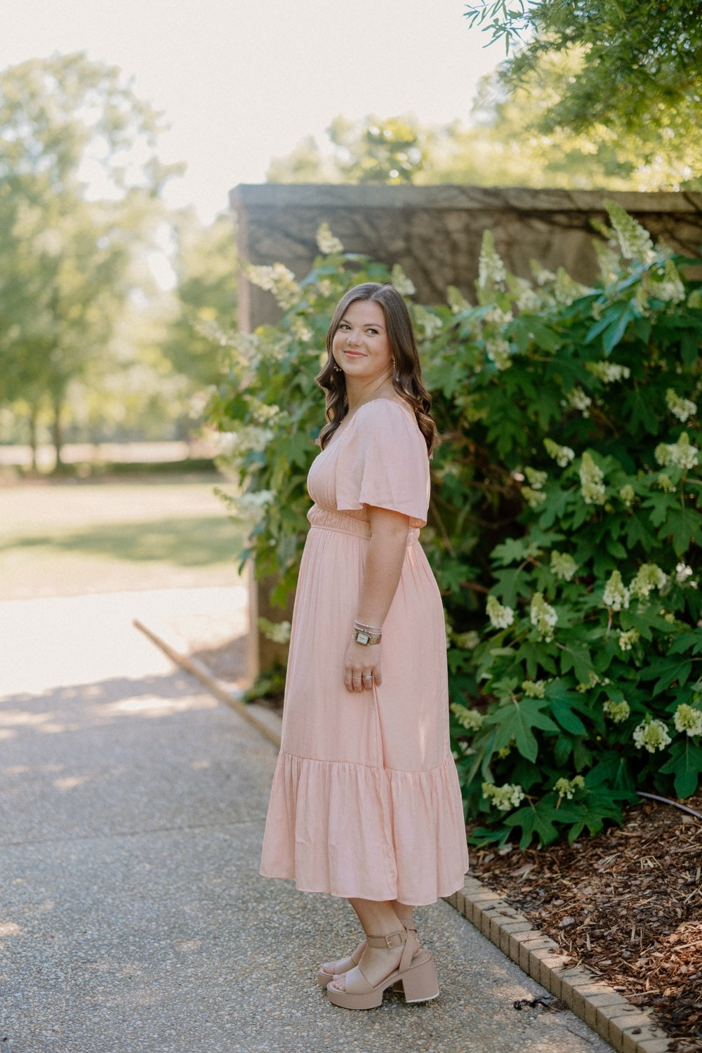 Princess Neckline Flutter Sleeve Midi Dress in Peach (S-3XL)