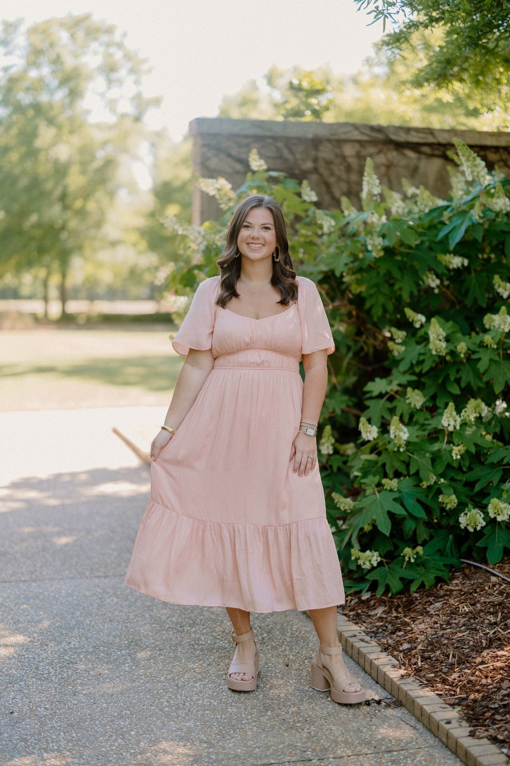 Princess Neckline Flutter Sleeve Midi Dress in Peach (S-3XL) Studio 3:19 Princess Neckline Flutter Sleeve Midi Dress in Peach (S-3XL) Studio 3:19