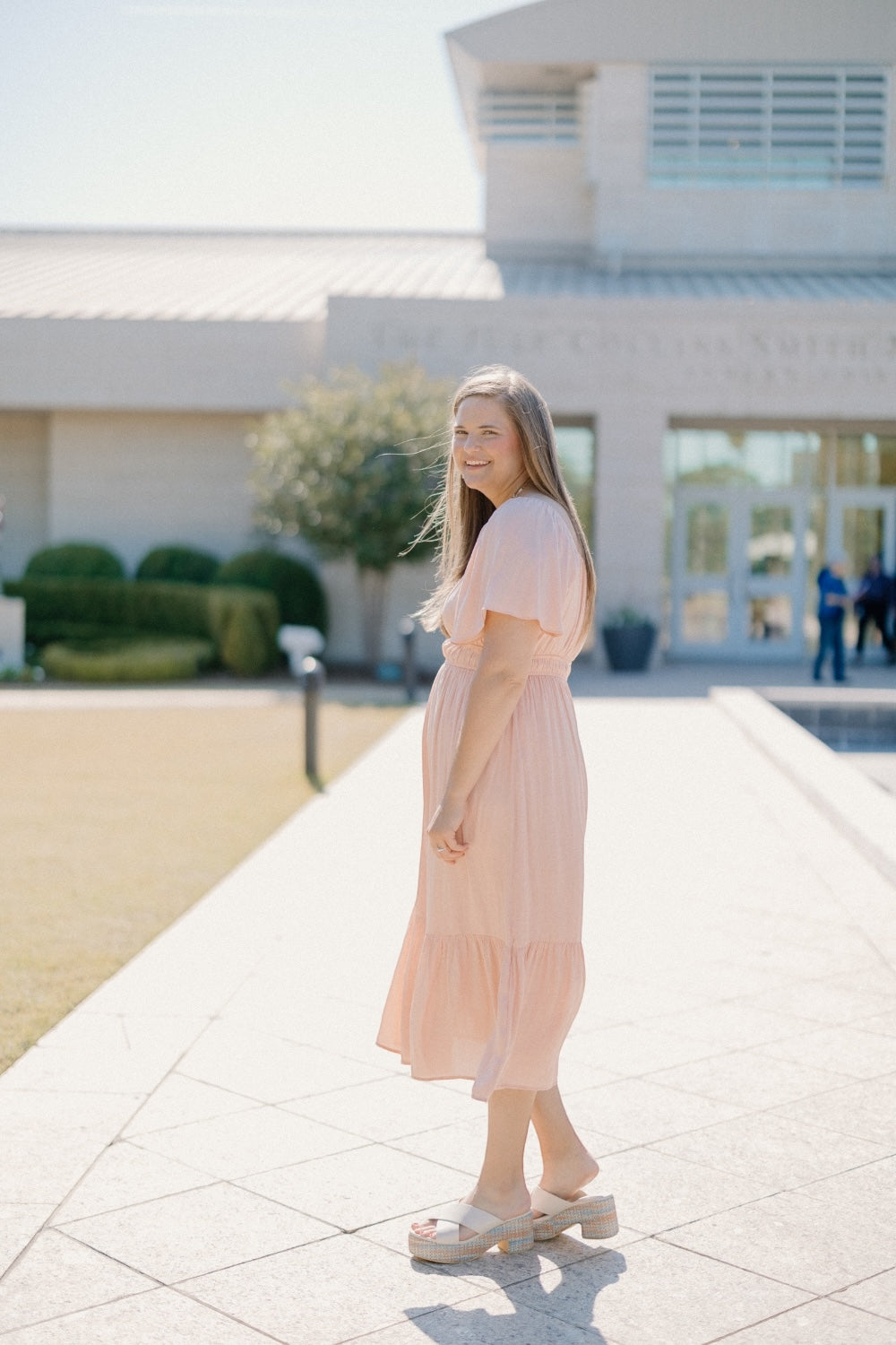 Princess Neckline Flutter Sleeve Midi Dress in Peach (S-3XL)