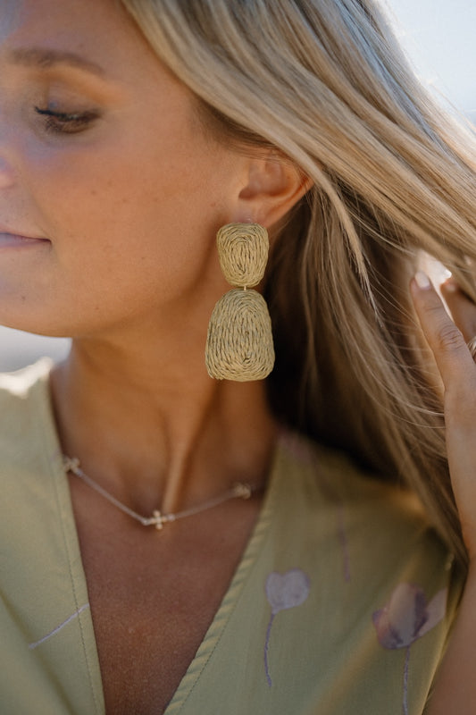 Raffia Wrapped Trapezoid Earrings in Olive