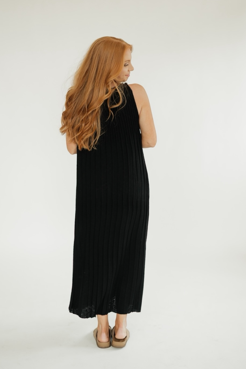 Pauline Black Pleated Front Knit Midi Dress (XS-XL)