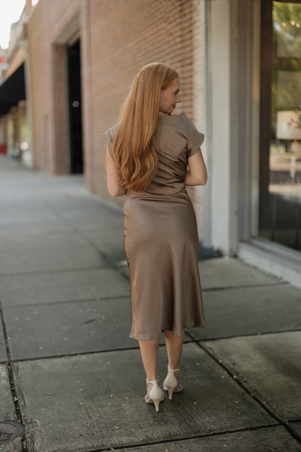 Twyla Mocha Satin Tie Waist Midi Dress