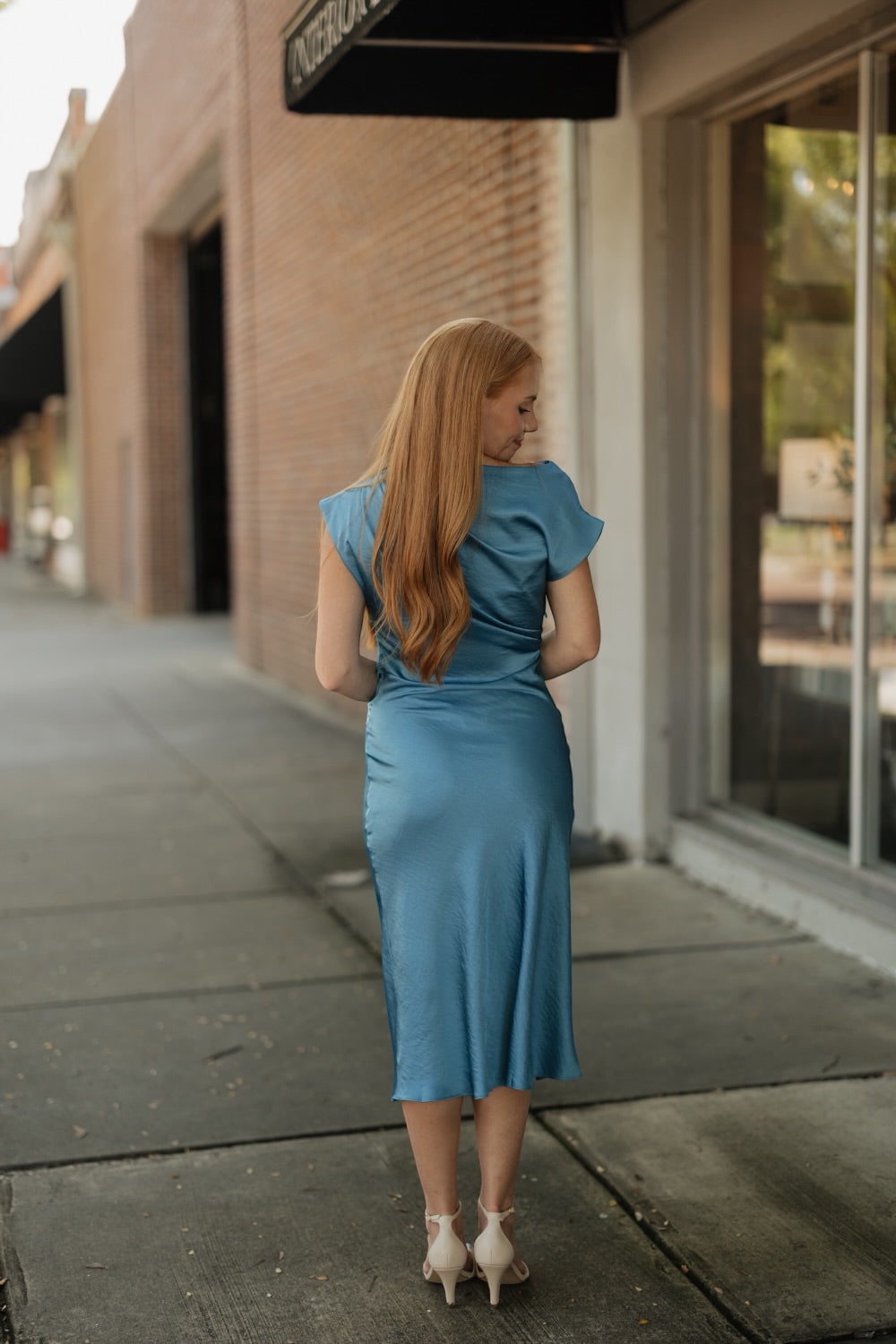 Twyla Blue Satin Tie Waist Midi Dress