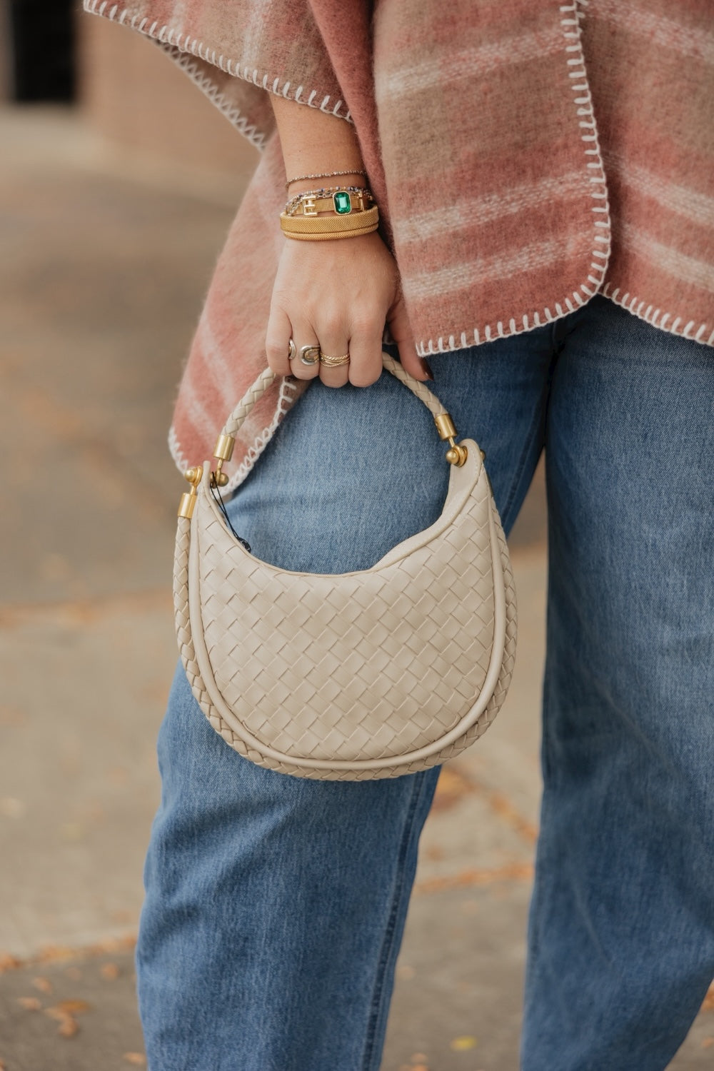 Beige Mini Woven Hobo Bag