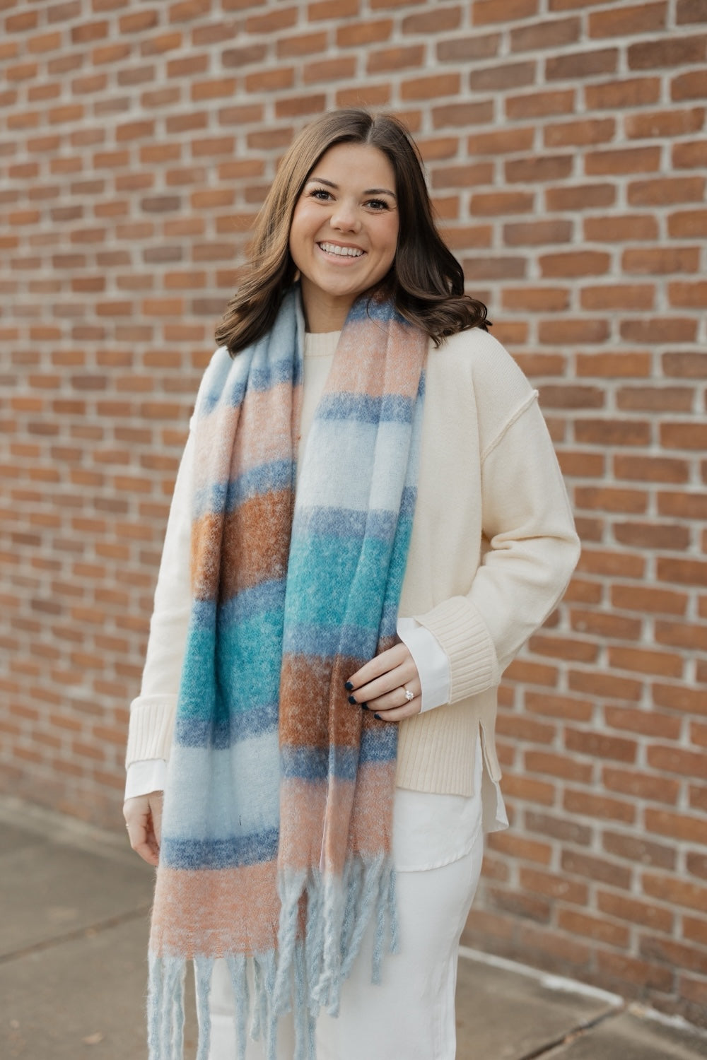 Blue Striped Pattern Fringe Scarf