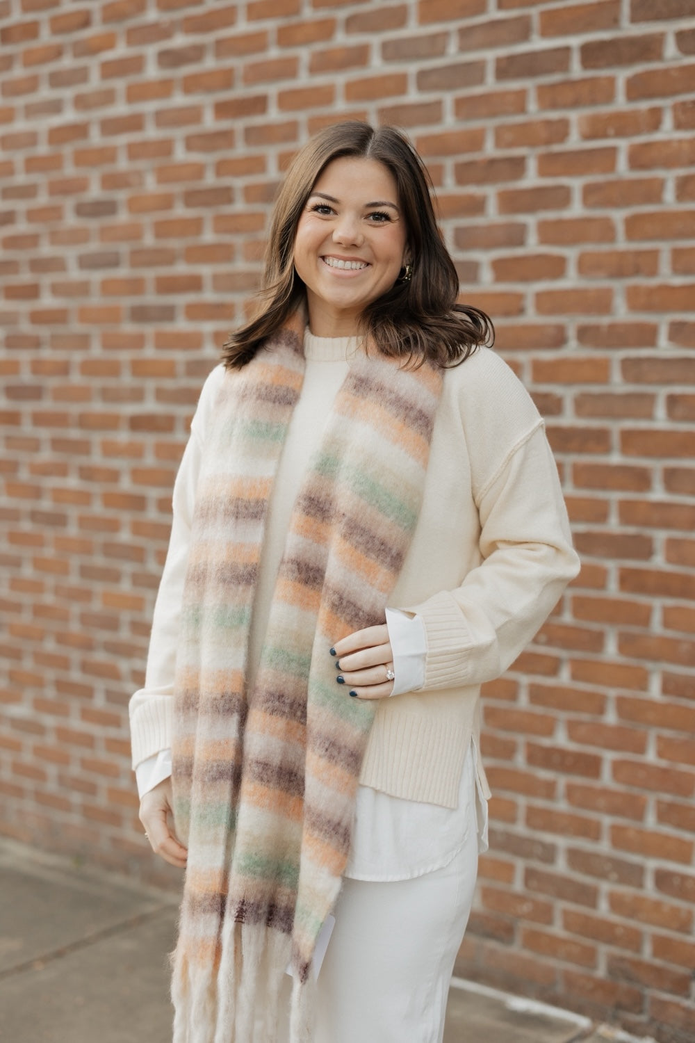 Khaki Multi Color Striped Fringe Knit Scarf