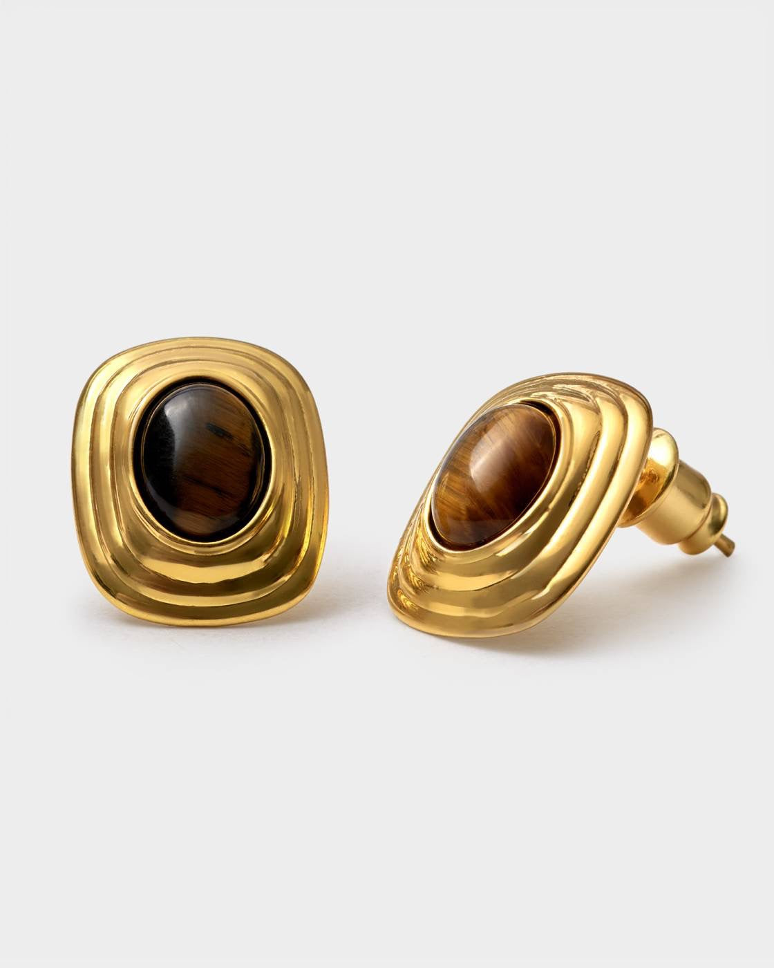 Tigers Eye Waterproof Gold Button Stud Earrings